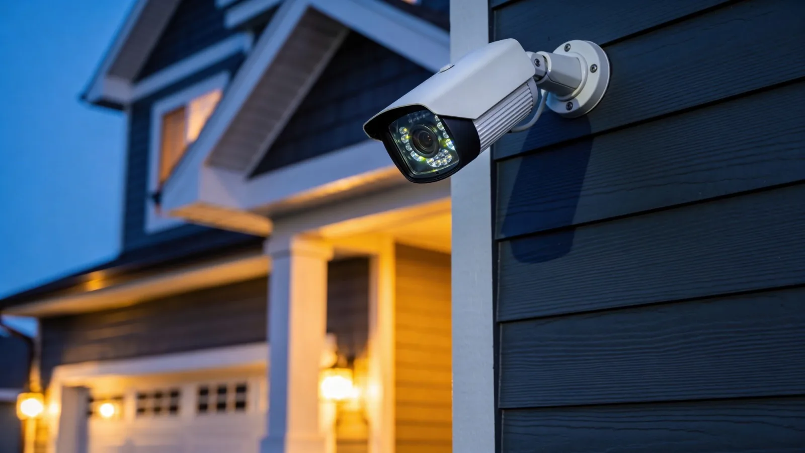 A security camera mounted on the side of a house at dusk