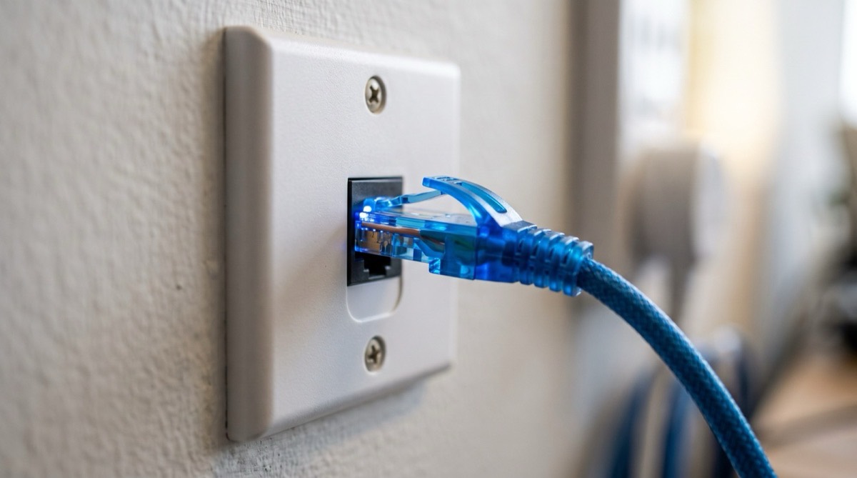 A network cable plugged into a data outlet on a wall