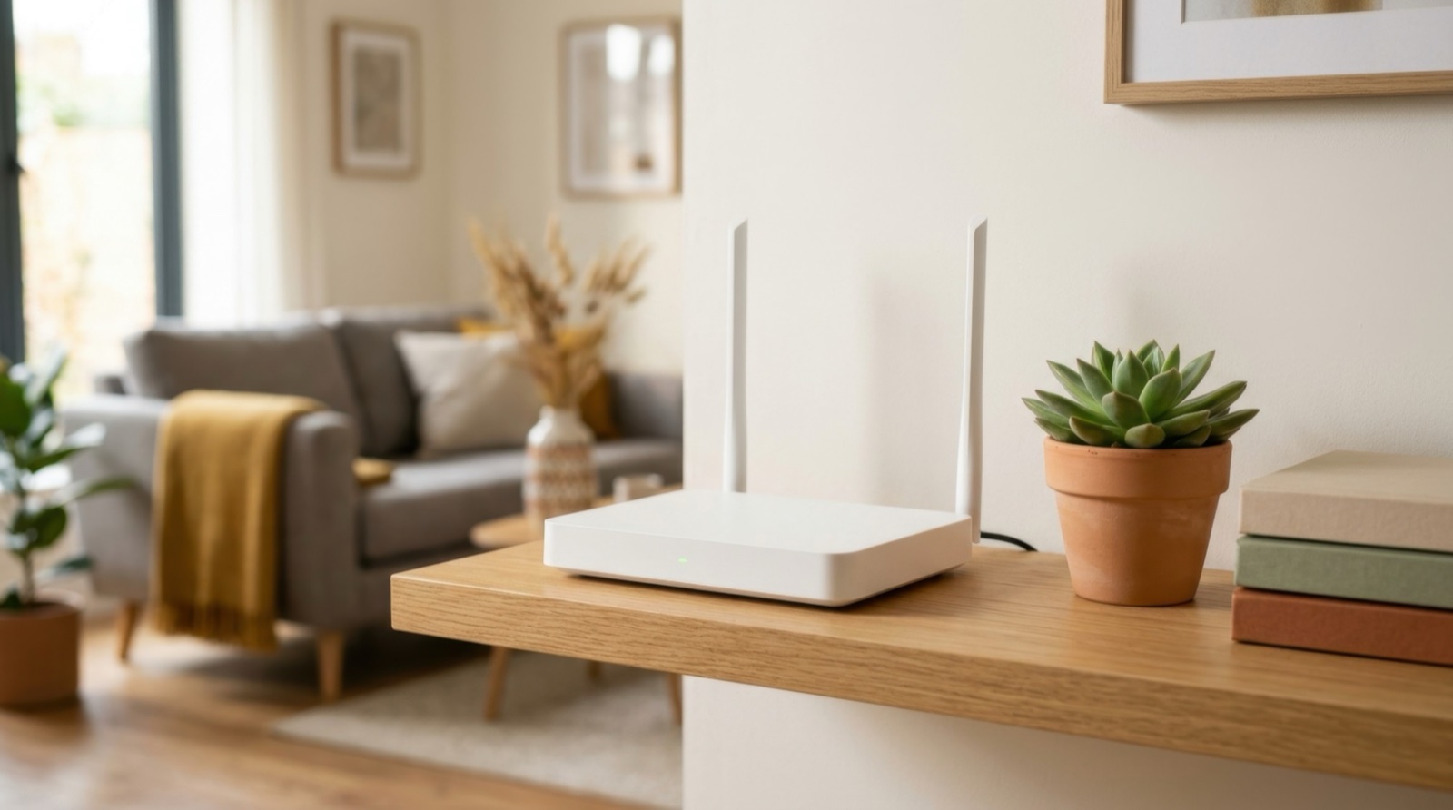A home router on a console table in a living room
